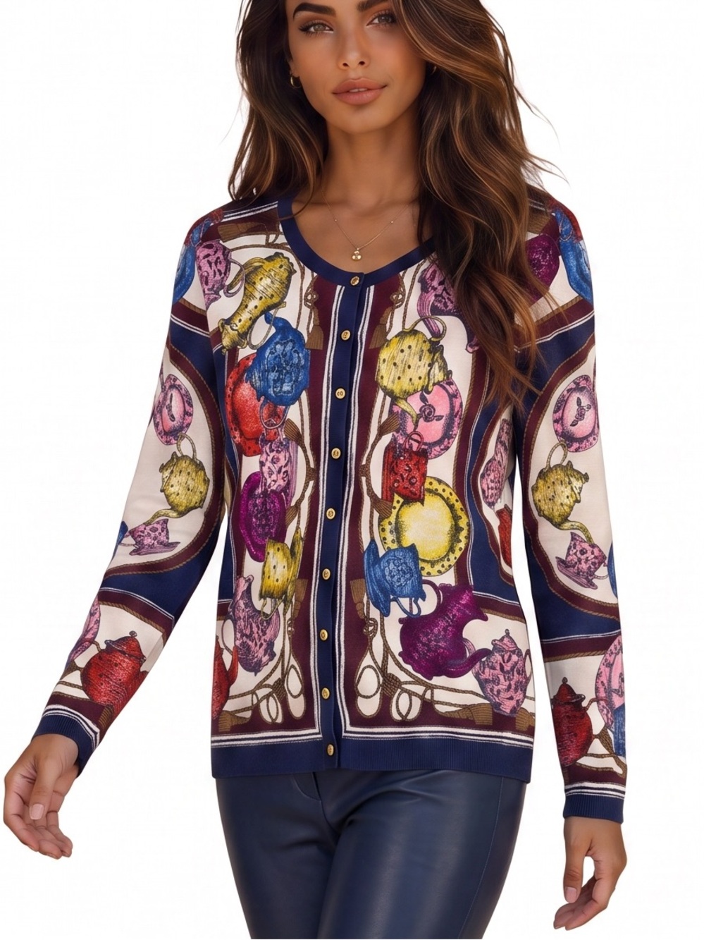Talbots Navy Multicolor Teapot Print Button Cardigan